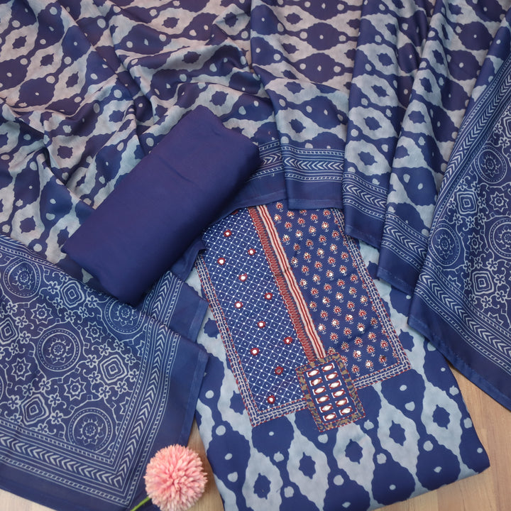 Sobiya Indigo Blue Kantha with Patra Work Dabu Printed Cotton Suit Set