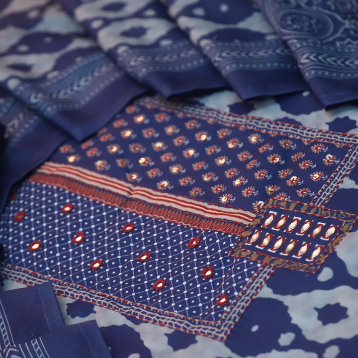 Sobiya Indigo Blue Kantha with Patra Work Dabu Printed Cotton Suit Set