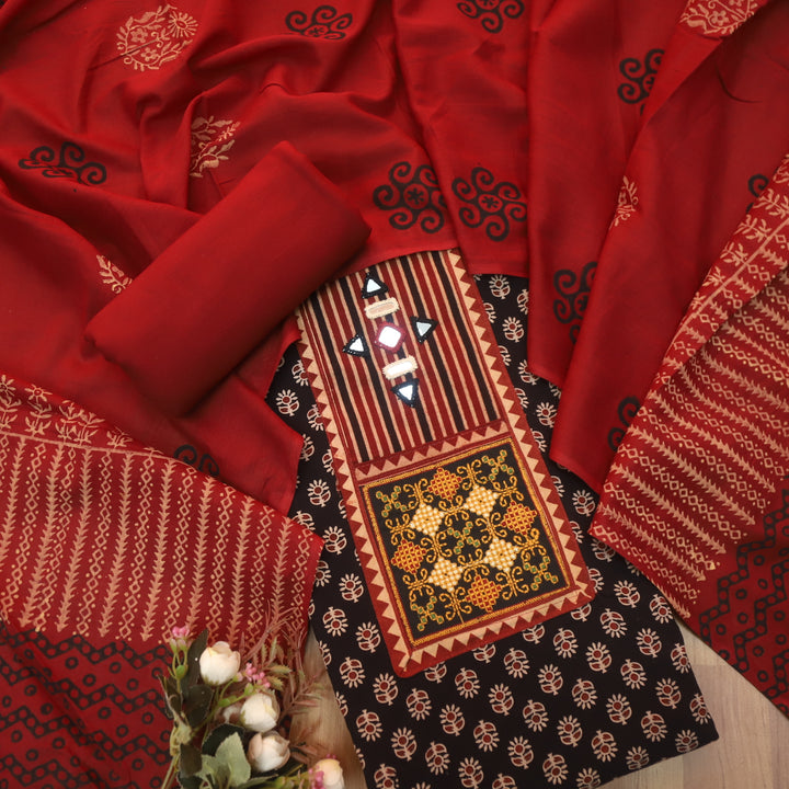Kaya Ebony Black Kutch Patch with Work Ajrak Printed Cotton Suit Set