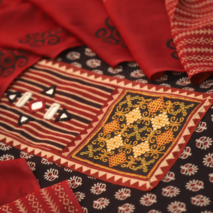 Kaya Ebony Black Kutch Patch with Work Ajrak Printed Cotton Suit Set