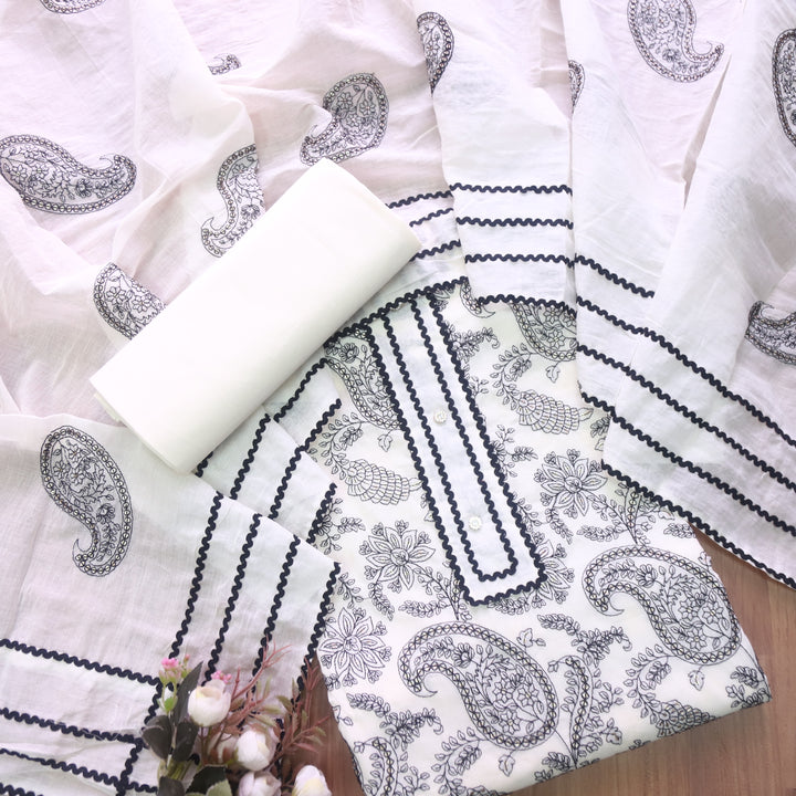 Paalki Cream White with Black Thread Embroidery Neck Work Cotton Suit Set D2