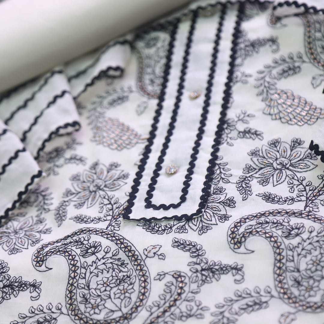 Paalki Cream White with Black Thread Embroidery Neck Work Cotton Suit Set D2