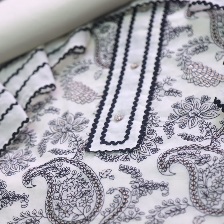 Paalki Cream White with Black Thread Embroidery Neck Work Cotton Suit Set D2