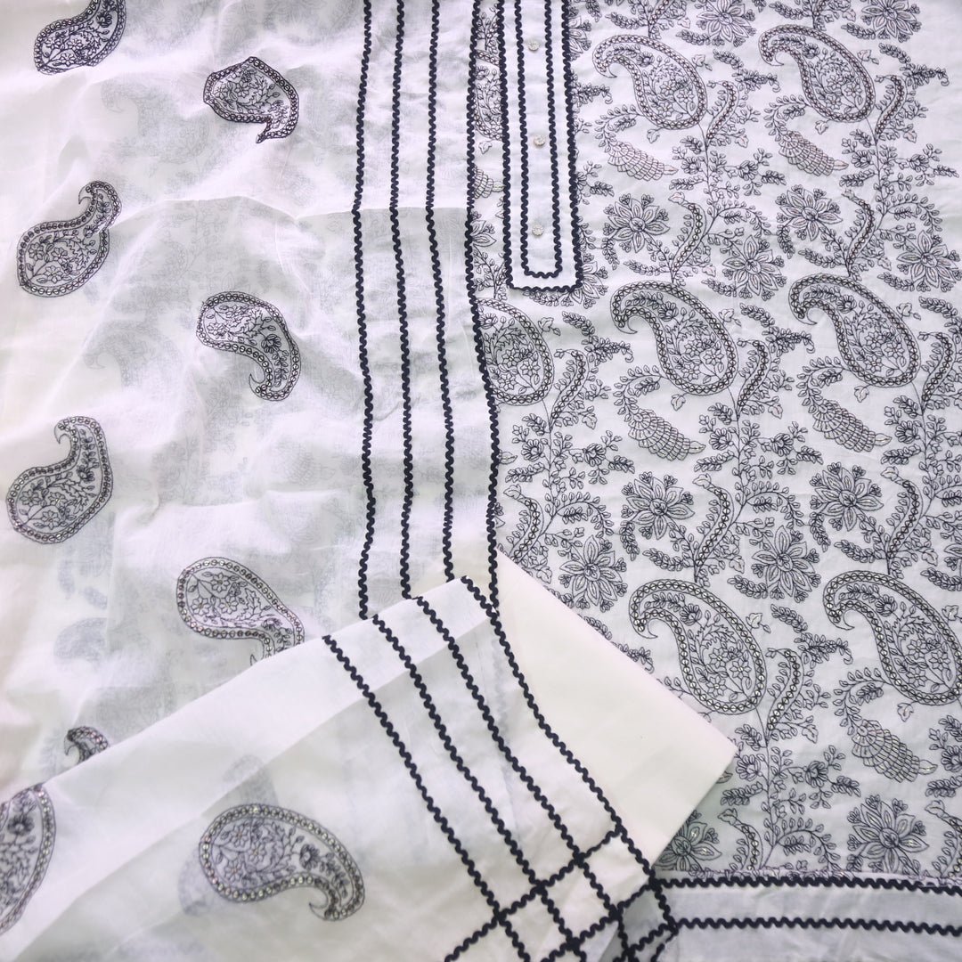 Paalki Cream White with Black Thread Embroidery Neck Work Cotton Suit Set D2