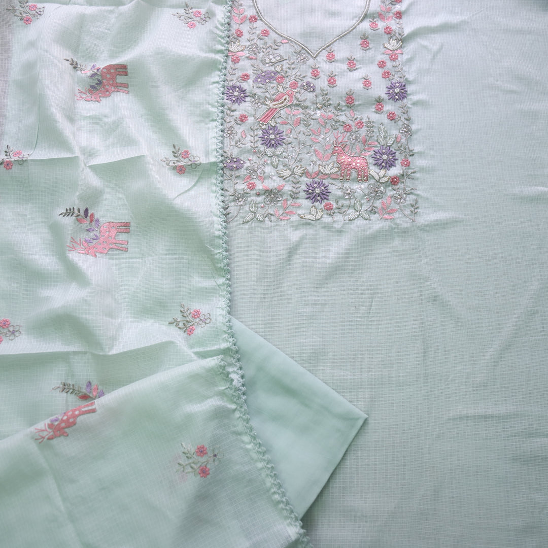 Gul Mint Green Embellish Neck Work with Thread Work Kota Doriya Suit Set