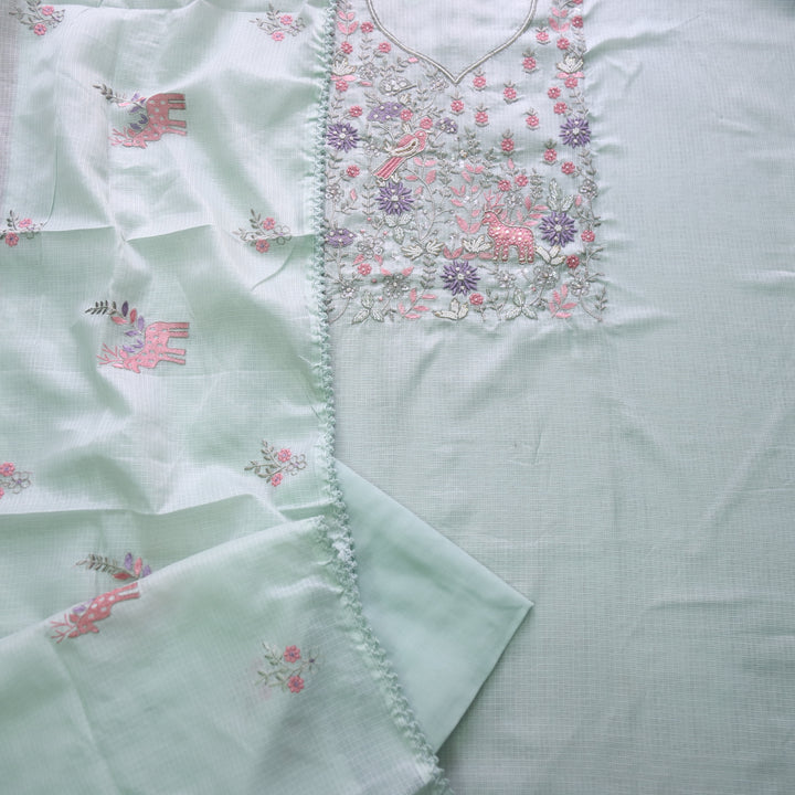 Gul Mint Green Embellish Neck Work with Thread Work Kota Doriya Suit Set