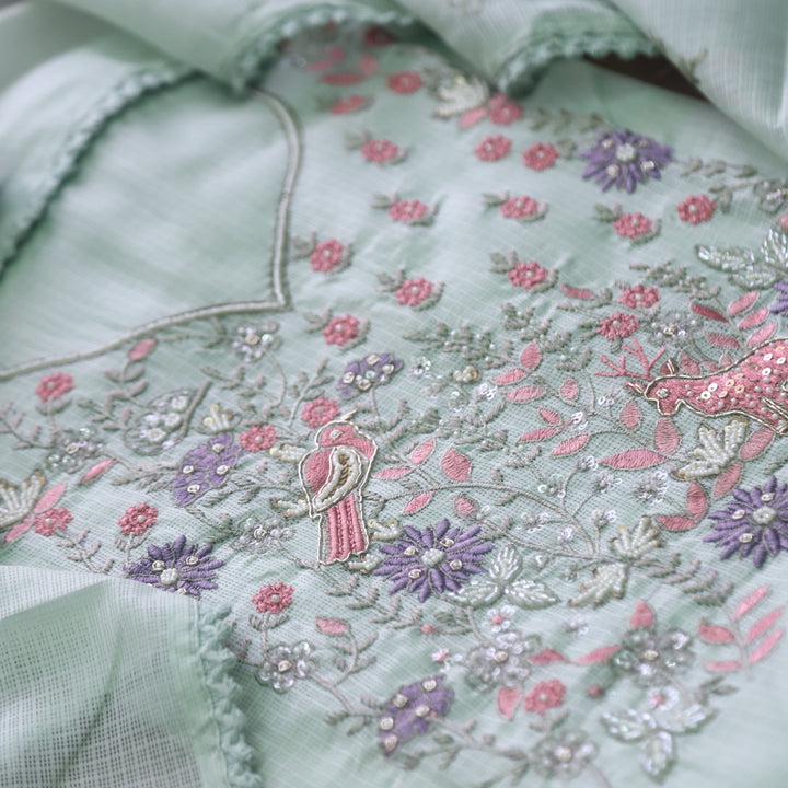 Gul Mint Green Embellish Neck Work with Thread Work Kota Doriya Suit Set