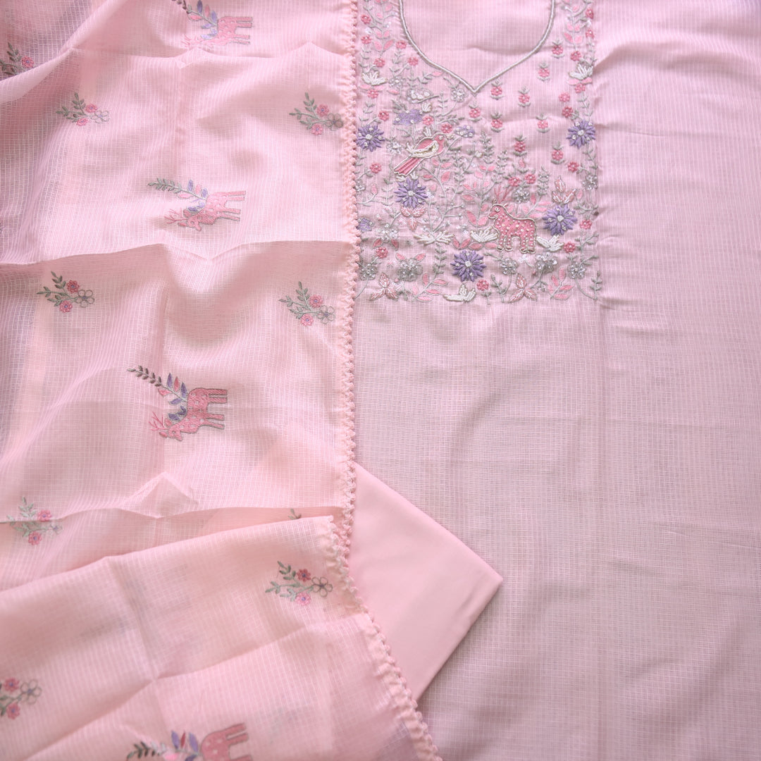 Gul Soft Peach Embellish Neck Work with Thread Work Kota Doriya Suit Set