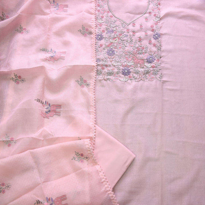 Gul Soft Peach Embellish Neck Work with Thread Work Kota Doriya Suit Set