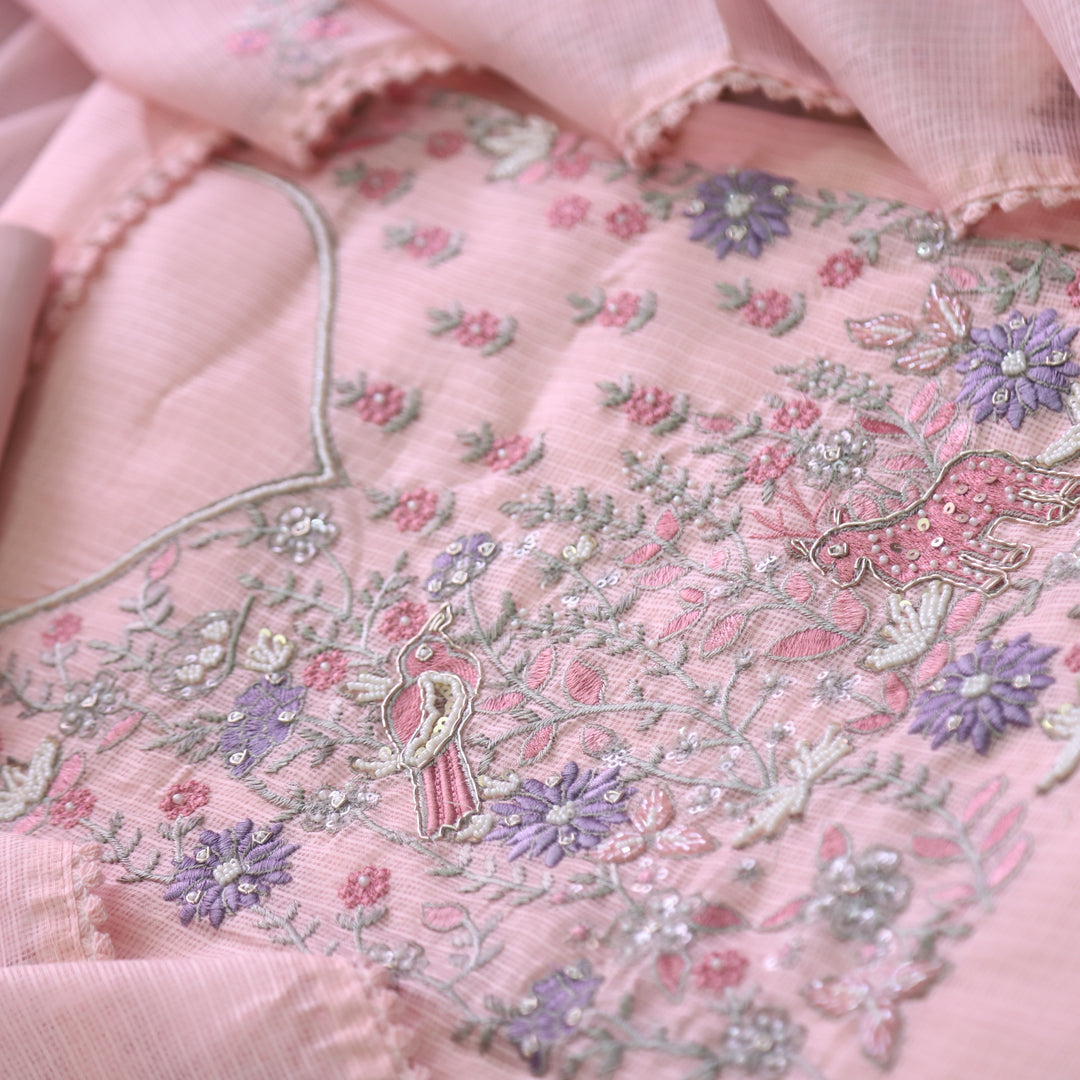Gul Soft Peach Embellish Neck Work with Thread Work Kota Doriya Suit Set