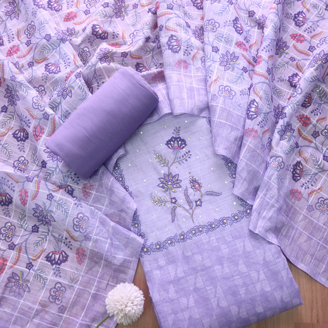Beliya Orchid Lilac Spiral Detailing on Neck Floral Printed Linen Suit Set