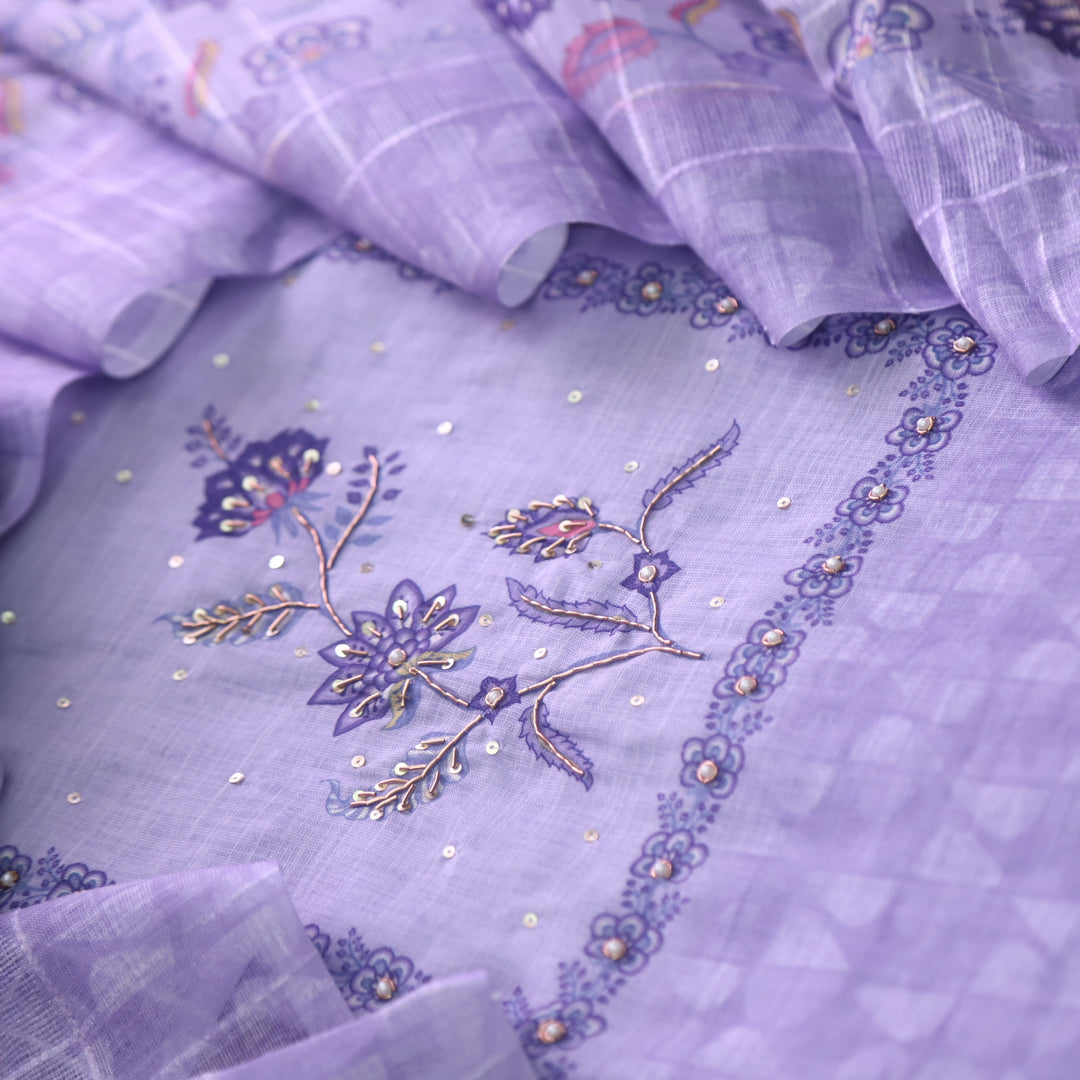 Beliya Orchid Lilac Spiral Detailing on Neck Floral Printed Linen Suit Set