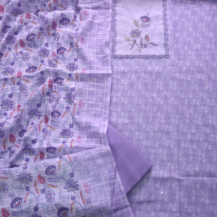 Beliya Orchid Lilac Spiral Detailing on Neck Floral Printed Linen Suit Set