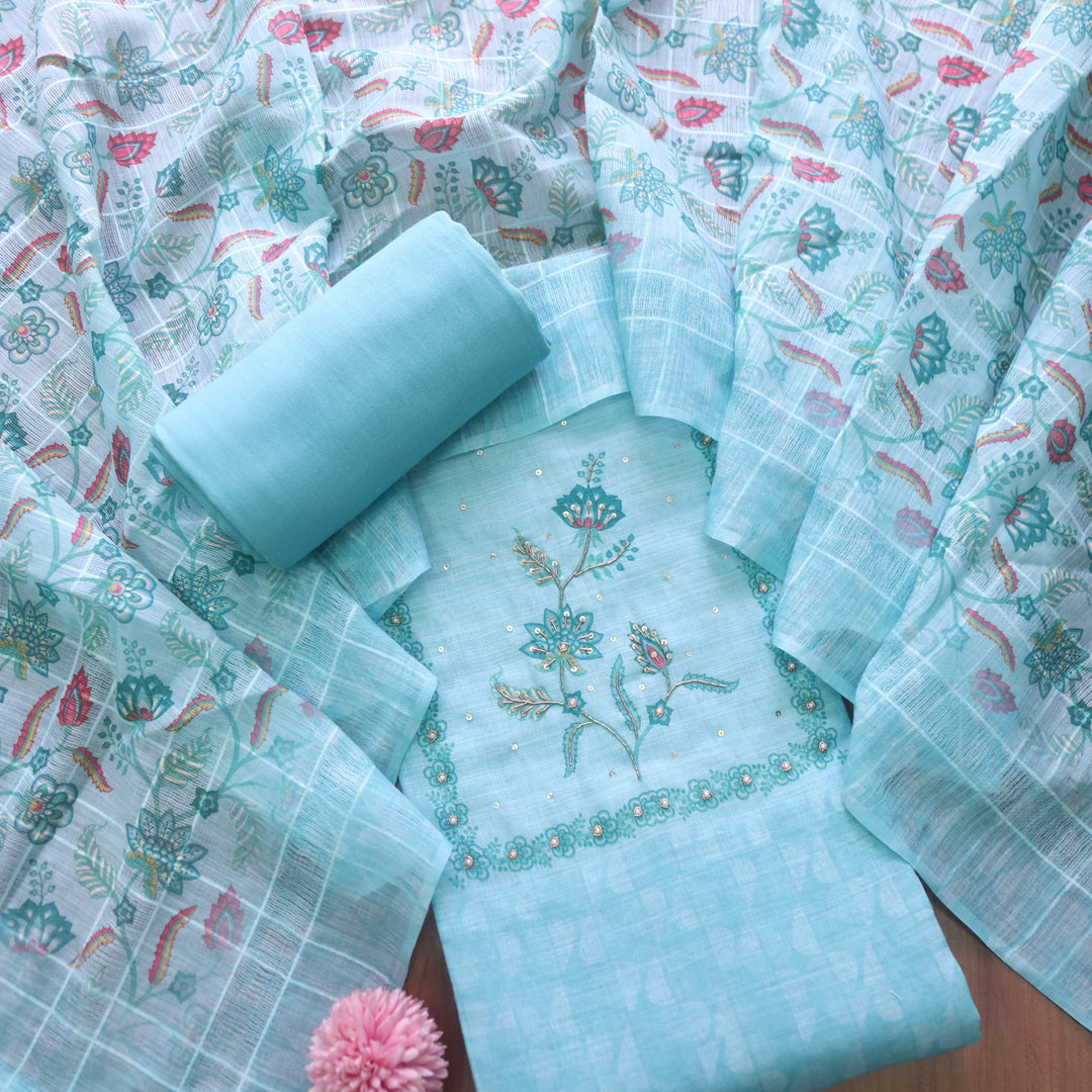 Beliya Ocean Blue Spiral Detailing on Neck Floral Printed Linen Suit Set