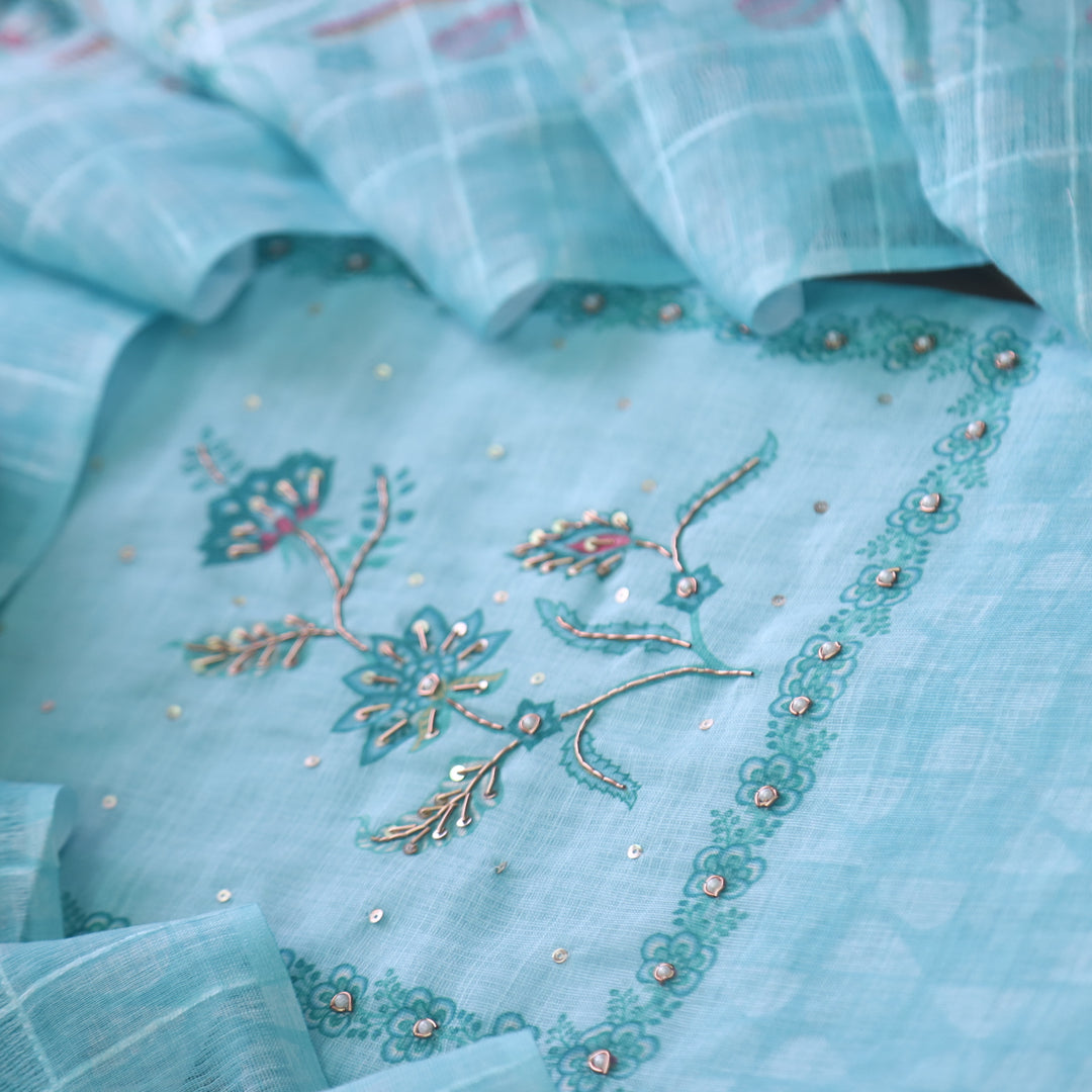 Beliya Ocean Blue Spiral Detailing on Neck Floral Printed Linen Suit Set