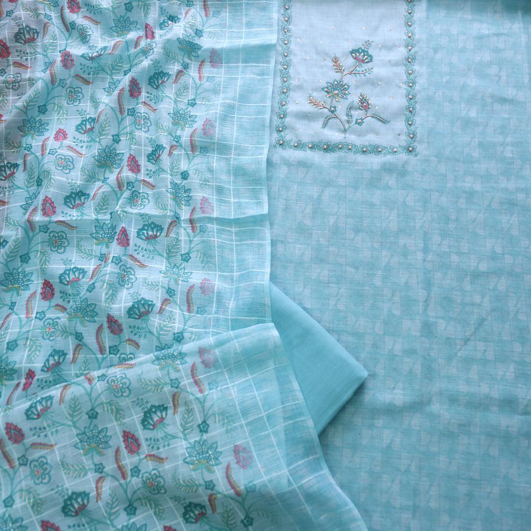 Beliya Ocean Blue Spiral Detailing on Neck Floral Printed Linen Suit Set