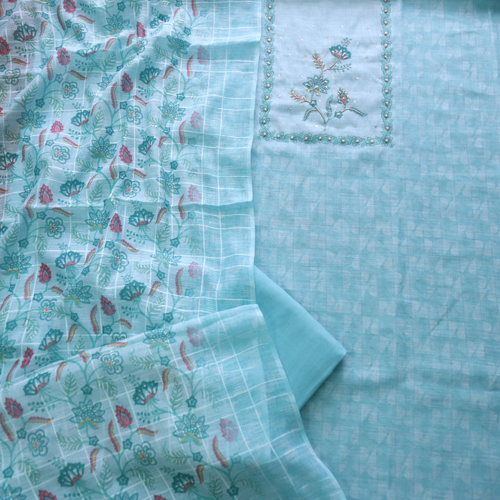 Beliya Ocean Blue Spiral Detailing on Neck Floral Printed Linen Suit Set