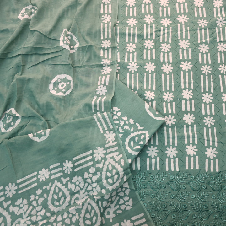Gulshan Sage Green Thread Embroidered Hem Batik Printed Cotton Suit Set