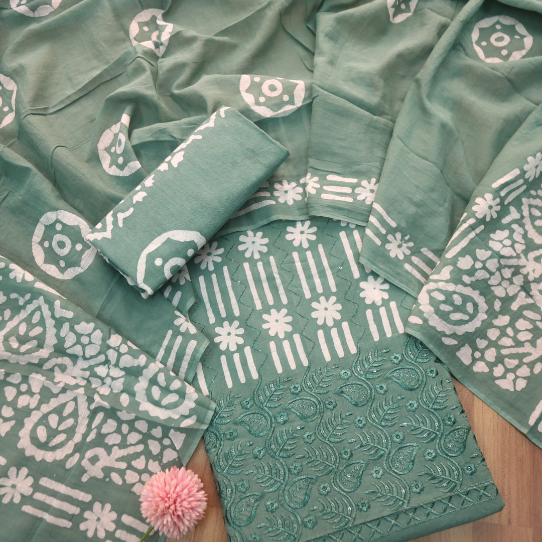 Gulshan Sage Green Thread Embroidered Hem Batik Printed Cotton Suit Set