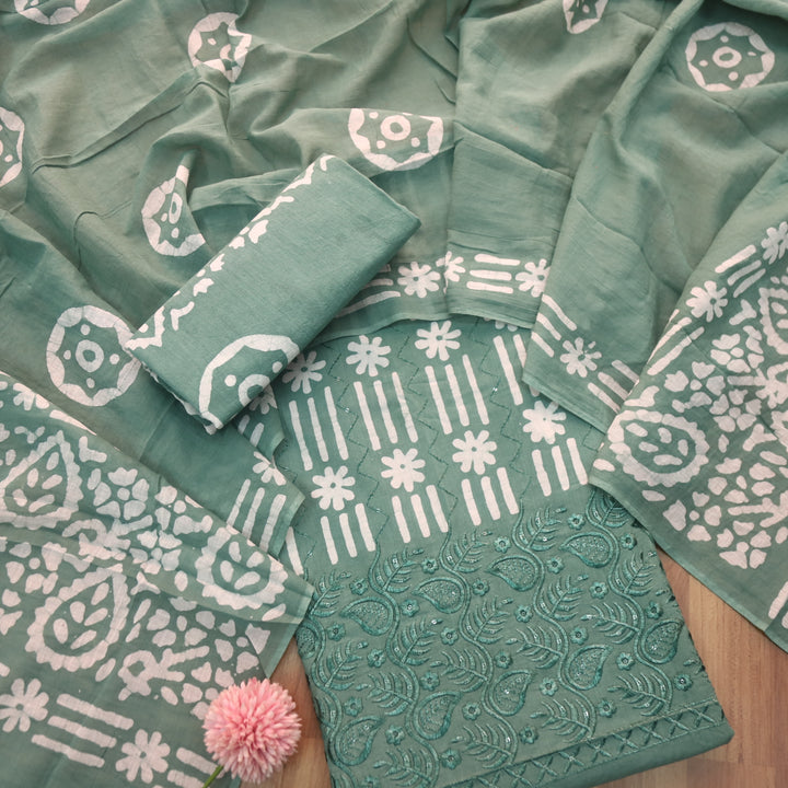 Gulshan Sage Green Thread Embroidered Hem Batik Printed Cotton Suit Set