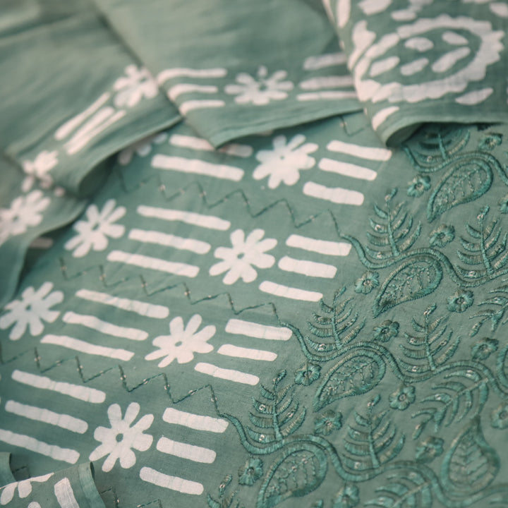 Gulshan Sage Green Thread Embroidered Hem Batik Printed Cotton Suit Set