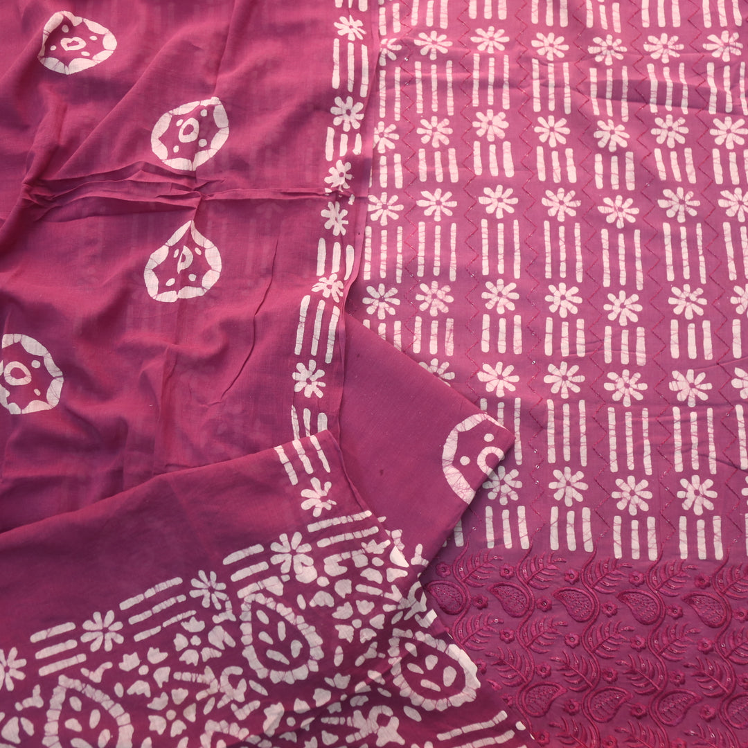 Gulshan Onion Purple Thread Embroidered Hem Batik Printed Cotton Suit Set