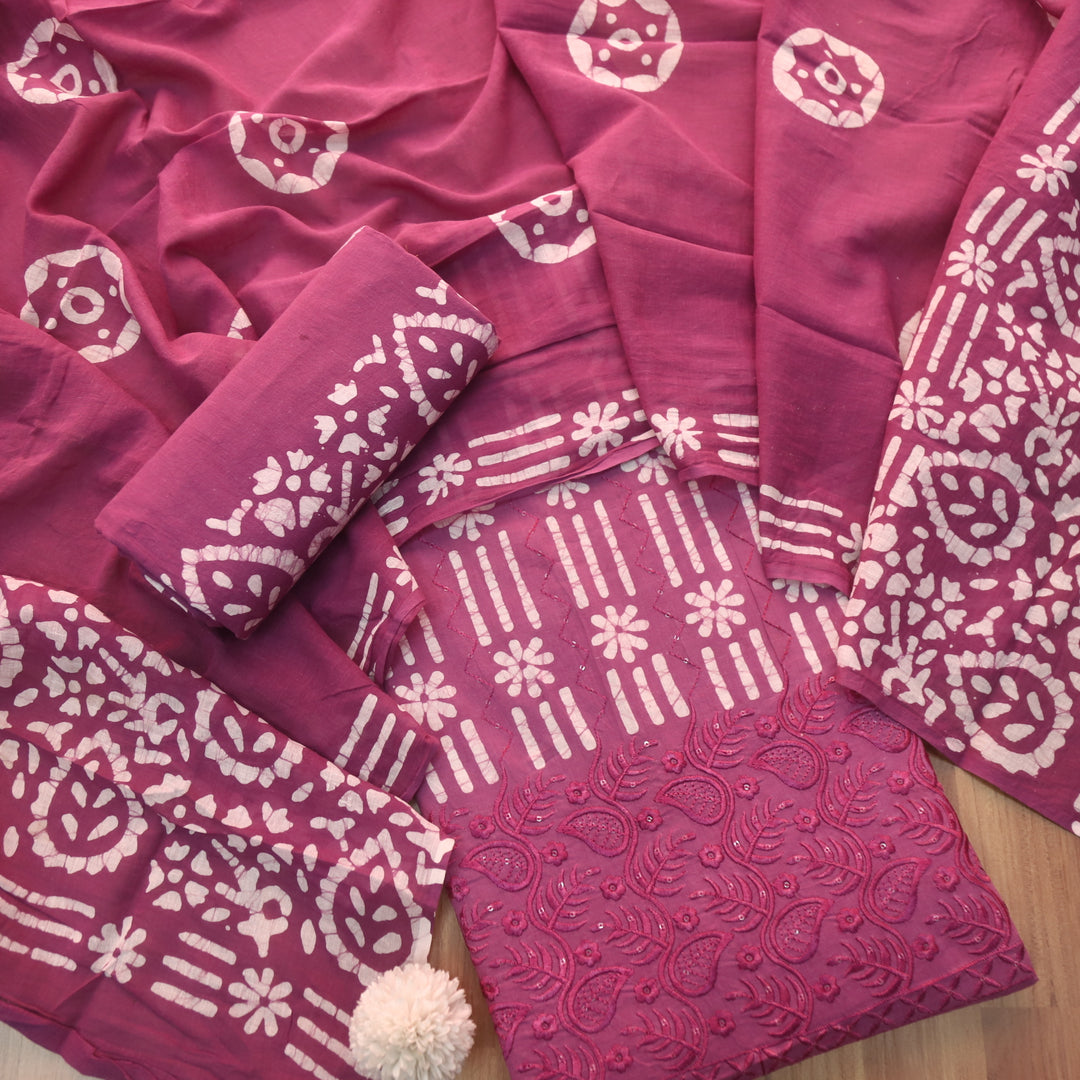Gulshan Onion Purple Thread Embroidered Hem Batik Printed Cotton Suit Set