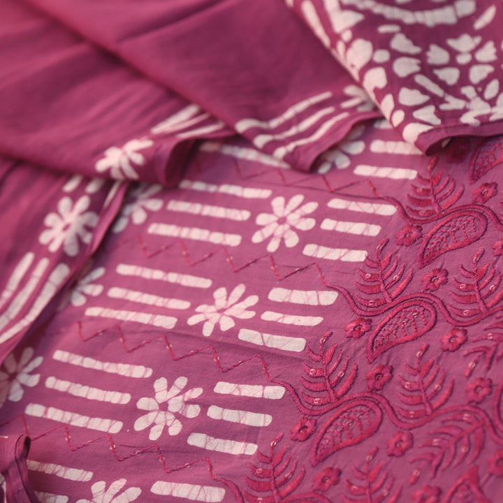 Gulshan Onion Purple Thread Embroidered Hem Batik Printed Cotton Suit Set