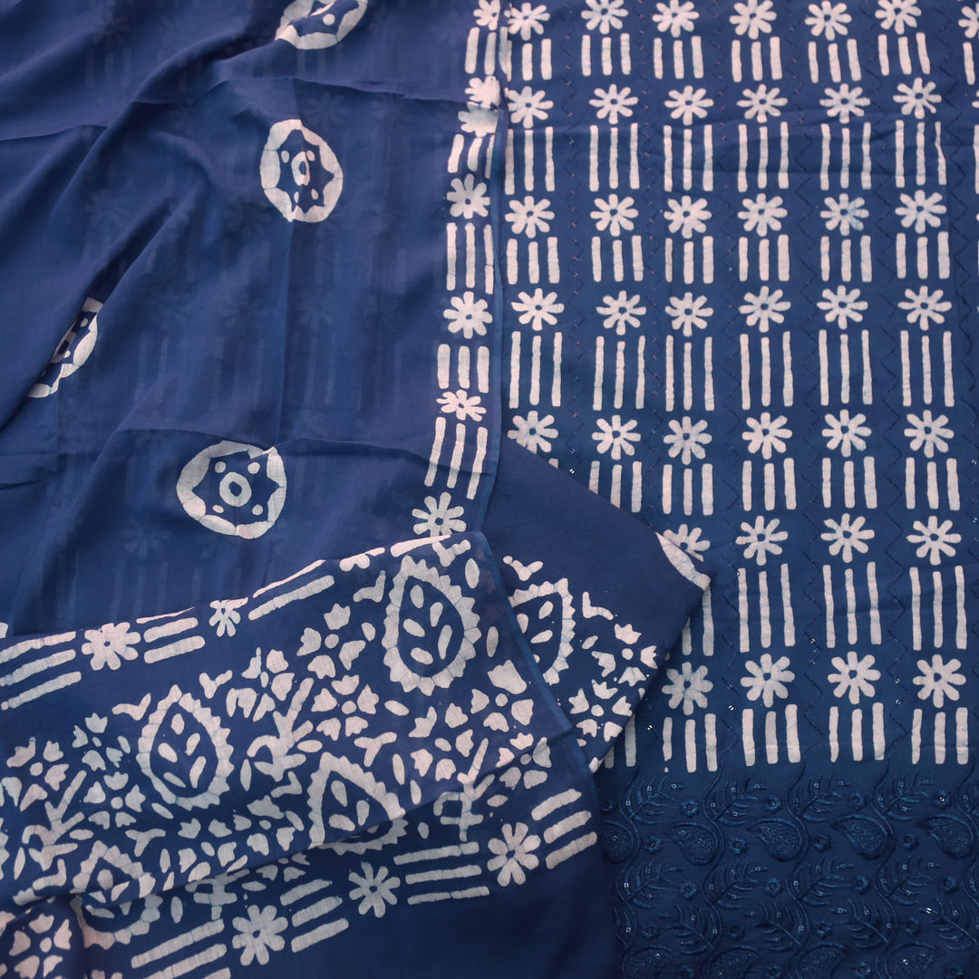 Gulshan Dark Blue Thread Embroidered Hem Batik Printed Cotton Suit Set