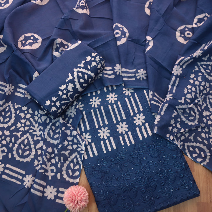 Gulshan Dark Blue Thread Embroidered Hem Batik Printed Cotton Suit Set