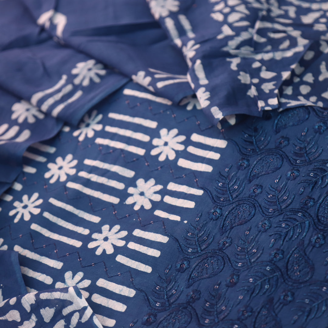 Gulshan Dark Blue Thread Embroidered Hem Batik Printed Cotton Suit Set