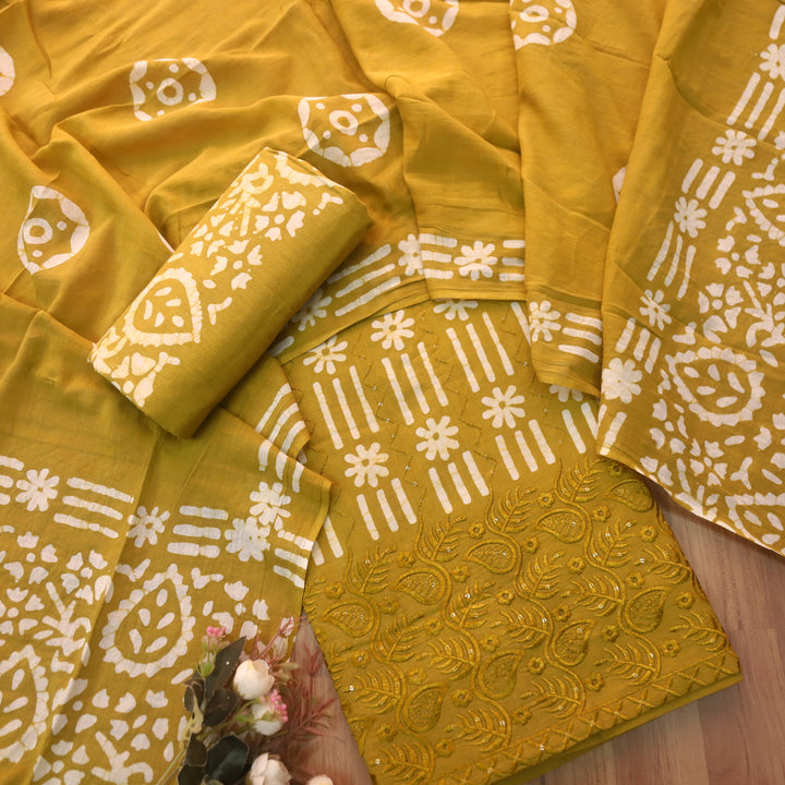 Gulshan Turmeric Yellow Thread Embroidered Hem Batik Printed Cotton Suit Set