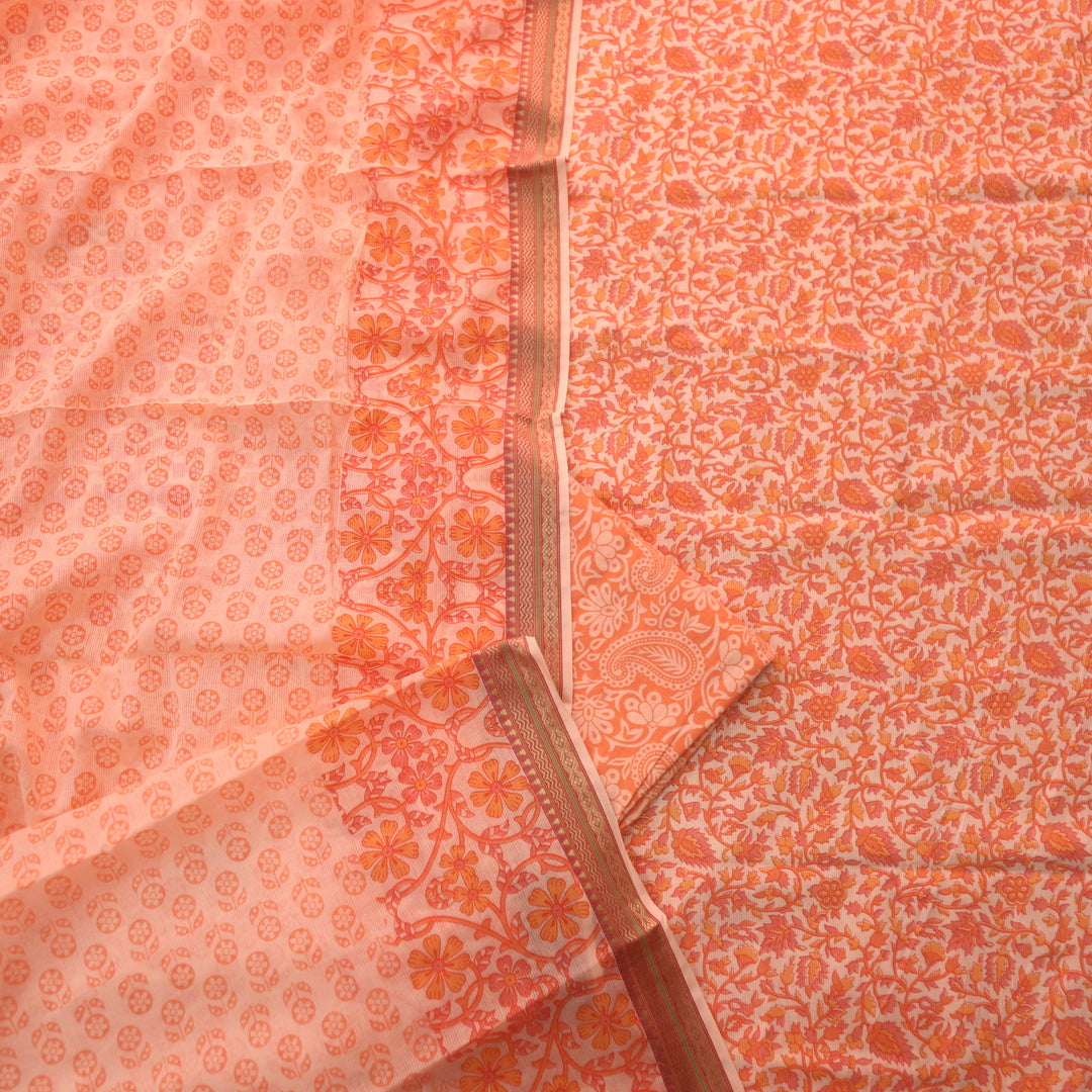 Nandani Tangerine Coral Floral Print in Mangalgiri Hem Cotton Suit Set