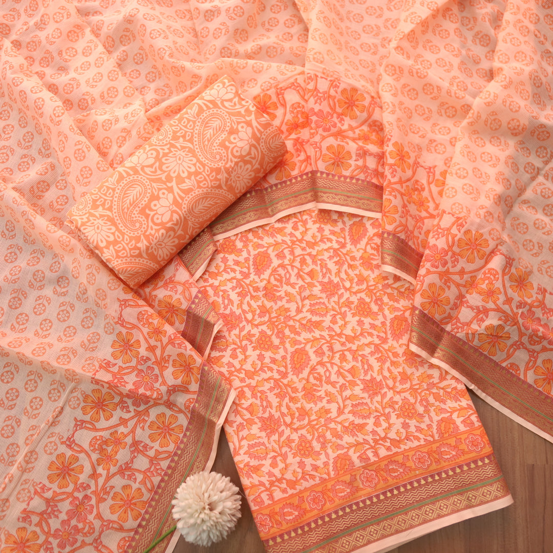 Nandani Tangerine Coral Floral Print in Mangalgiri Hem Cotton Suit Set