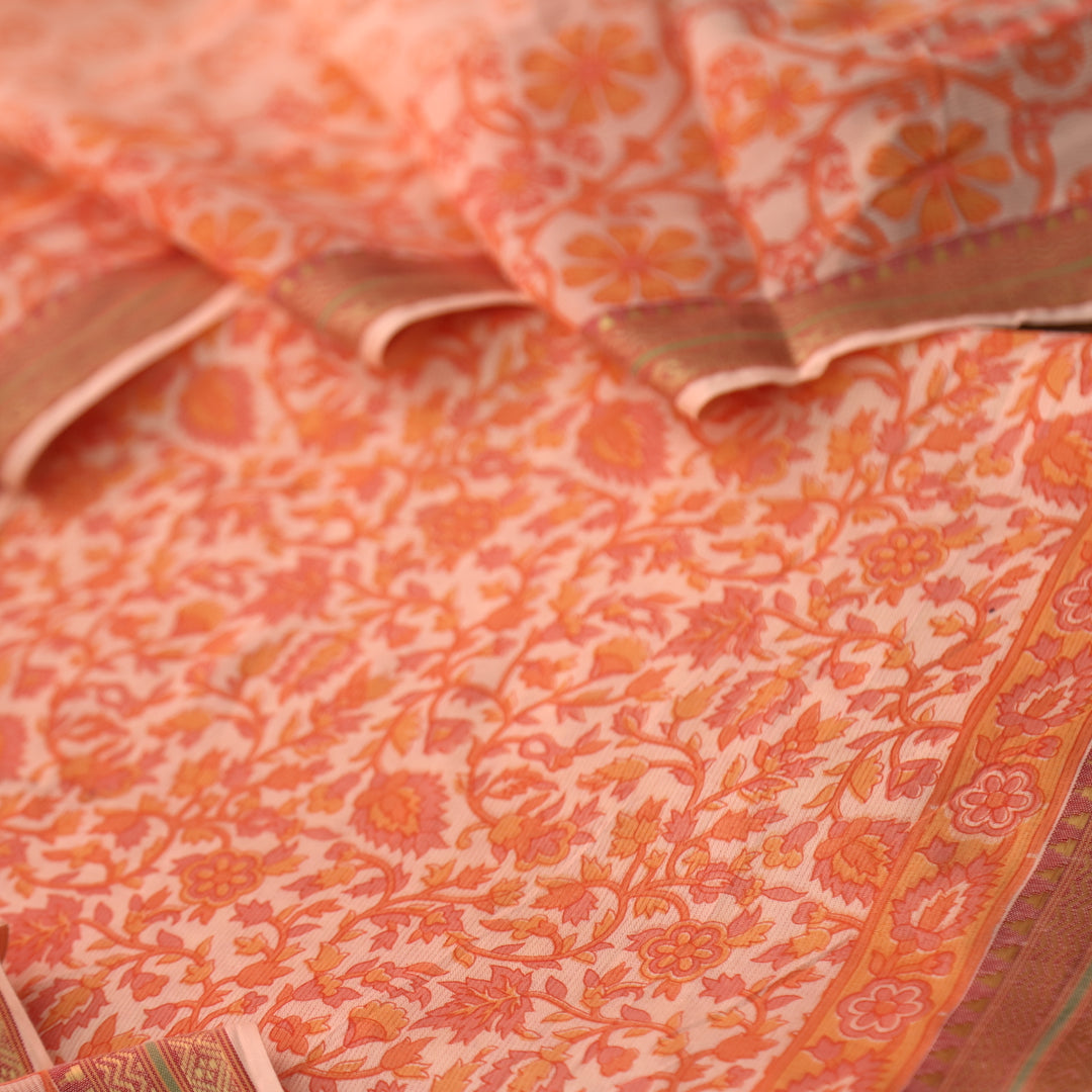 Nandani Tangerine Coral Floral Print in Mangalgiri Hem Cotton Suit Set