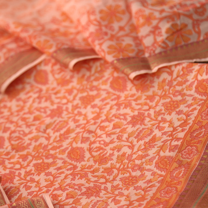 Nandani Tangerine Coral Floral Print in Mangalgiri Hem Cotton Suit Set