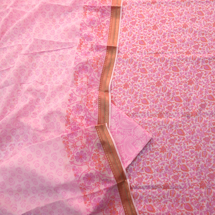 Nandani Softy Pink Floral Print in Mangalgiri Hem Cotton Suit Set