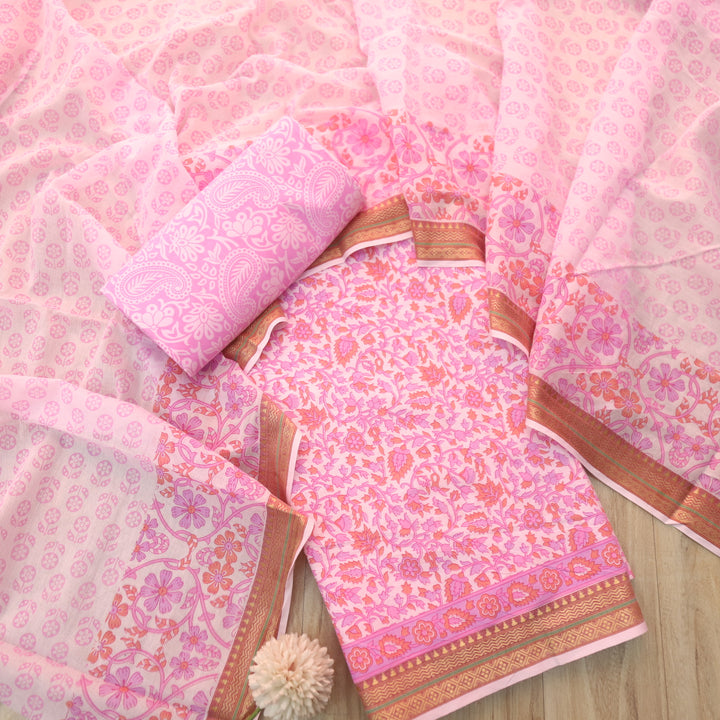 Nandani Softy Pink Floral Print in Mangalgiri Hem Cotton Suit Set