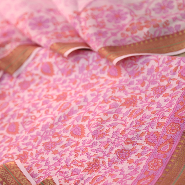 Nandani Softy Pink Floral Print in Mangalgiri Hem Cotton Suit Set