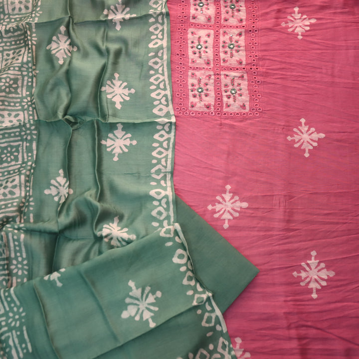 Gulshan Mulberry Mauve French Knot Batik Print Neck Chanderi Suit Set