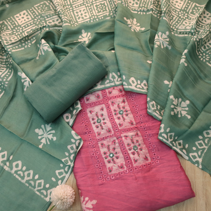Gulshan Mulberry Mauve French Knot Batik Print Neck Chanderi Suit Set