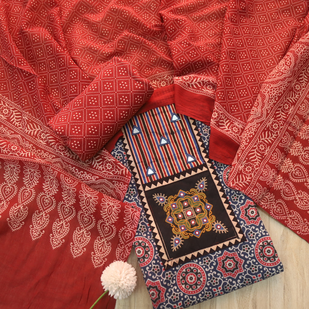 Chandni Denim Blue Mirror Patch Work On Neck Ajrak Printed Cotton Suit Set