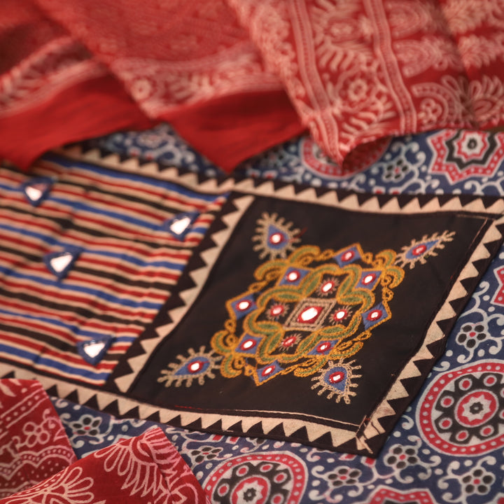Chandni Denim Blue Mirror Patch Work On Neck Ajrak Printed Cotton Suit Set