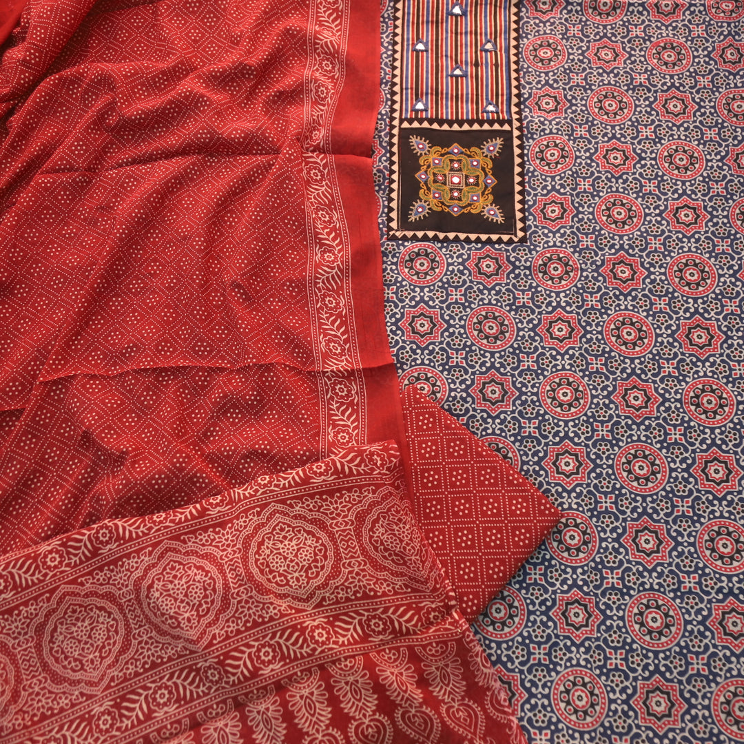 Chandni Denim Blue Mirror Patch Work On Neck Ajrak Printed Cotton Suit Set