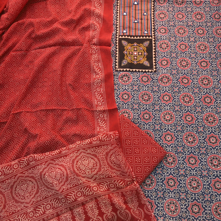 Chandni Denim Blue Mirror Patch Work On Neck Ajrak Printed Cotton Suit Set