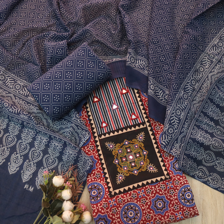 Chandni Cherry Red Mirror Patch Work On Neck Ajrak Printed Cotton Suit Set