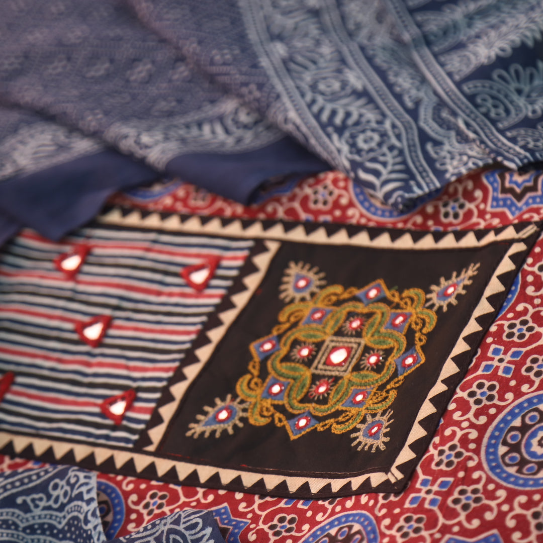 Chandni Cherry Red Mirror Patch Work On Neck Ajrak Printed Cotton Suit Set