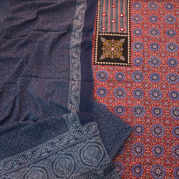 Chandni Cherry Red Mirror Patch Work On Neck Ajrak Printed Cotton Suit Set