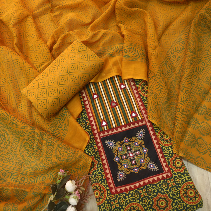 Chandni Grass Green Mirror Patch Work On Neck Ajrak Printed Cotton Suit Set