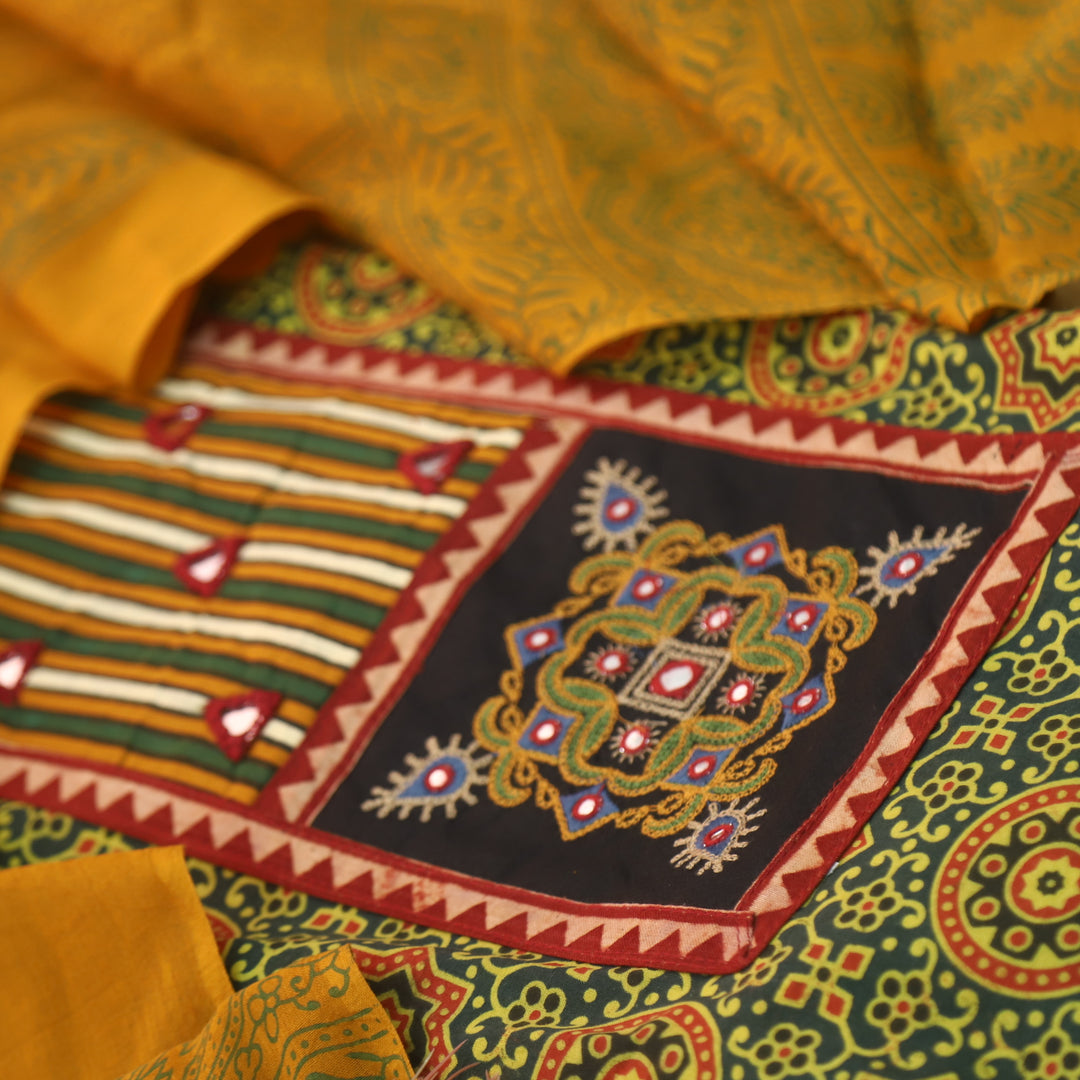 Chandni Grass Green Mirror Patch Work On Neck Ajrak Printed Cotton Suit Set